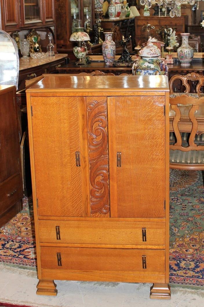 Antique Oak Art Deco Small Wooden 2 Door Linen Cabinet / Wardrobe with 2 Drawers