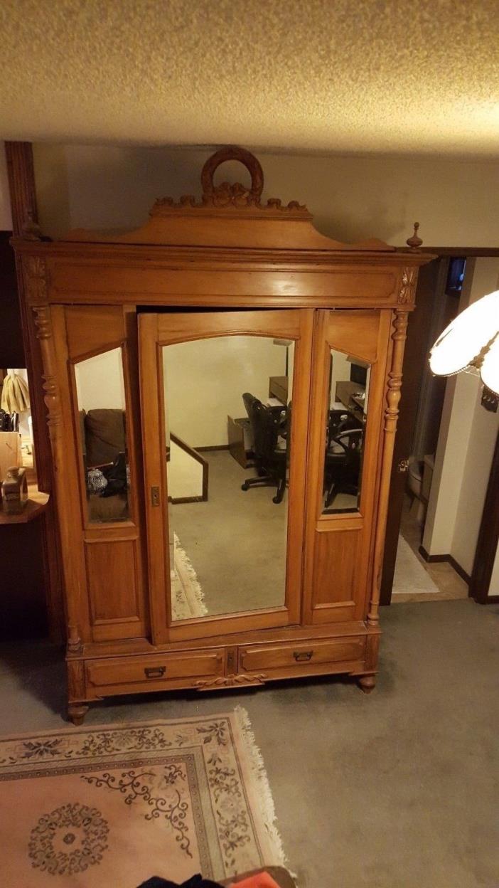 Antique French Armoire Wardrobe Bow Carving Mirrored Door w/key Fitted Inside
