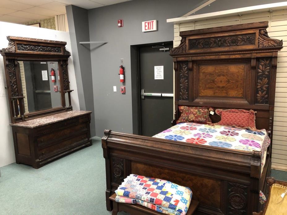 Walnut Victorian Bedroom Set With Lots Of Carving Marble Top Dresser 1870