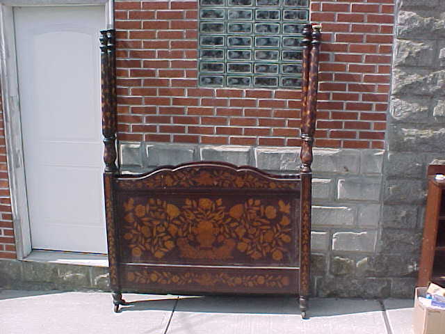 ANTIQUE 1800s DUTCH MARQUETRY 4 POSTER BED w HEAVY INLAID FLORAL BIRD DECORATION