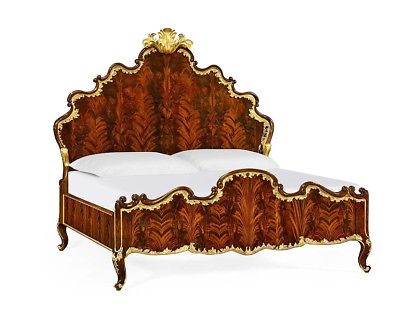 Spectacular French Rococo Louis XV King Size Flame Mahogany & Gold Leaf Bed New