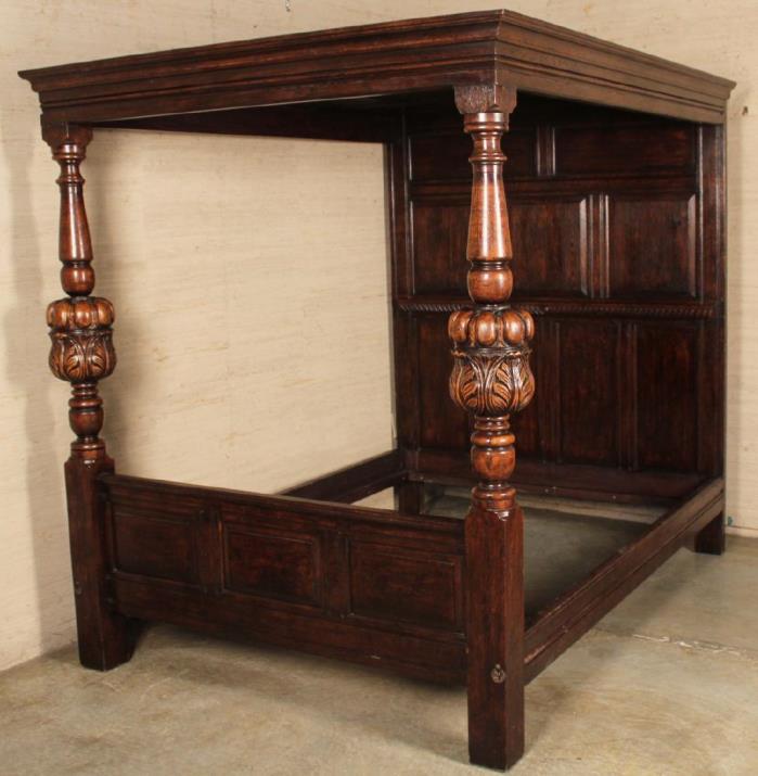 ENGLISH JACOBEAN CARVED OAK TESTER BED