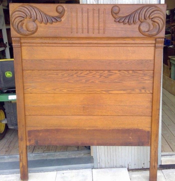 Antique High-Back Oak Double Bed with Ornate Pediment