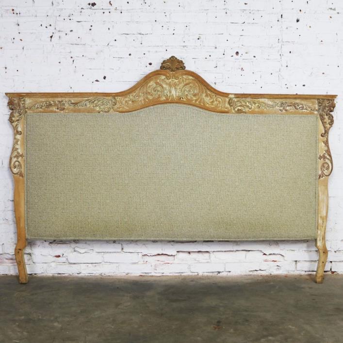Baroque Whitewashed and Upholstered Headboard King Size with Carved Lion Heads