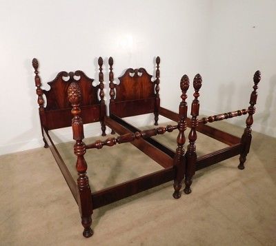 ANTIQUE Pair Flame Mahogany Extra Fancy Pineapple Chippendale Carved Twin Beds