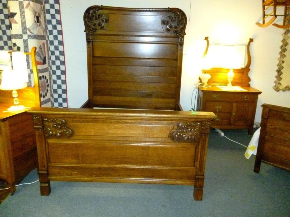 antique Oak bed victorian tiger Full Raised panel ornate carved refinished 1900