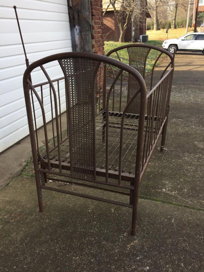 Antique Crib Wrought Iron Baby Bed Toddler Adjustable Side Rail Brown Perforated