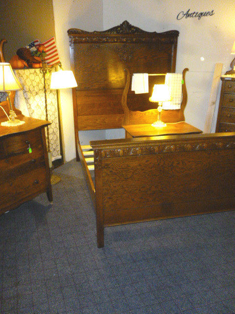Antique Oak Bedroom set ornate refinished 3 pc washstand bureau bed full 1900's