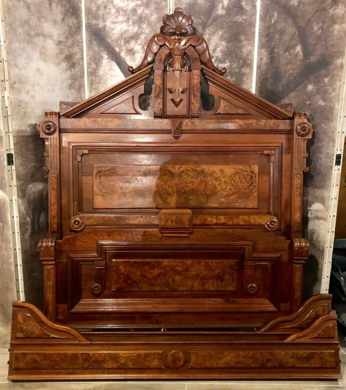 Ornate 1880's Antique Carved Walnut Bed