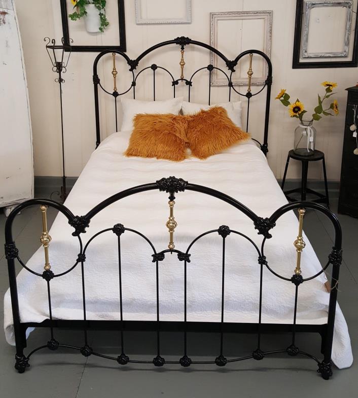 Antique Iron Queen Size Bed Black and Gold Victorian Frame
