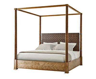 Stunning Modern Hand Woven Leather and Oak King Sized Four Poster bed New Custom