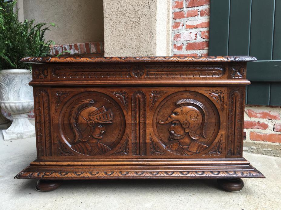 Antique French Carved Walnut Renaissance Trunk Chest Hope Box Gothic Warrior