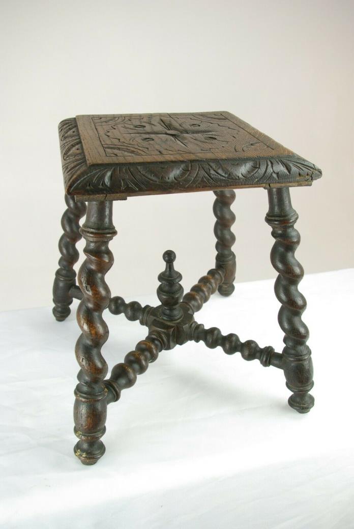 Antique Stool, Antique Victorian Carved Oak Stool Barley Twist Stool, B1470