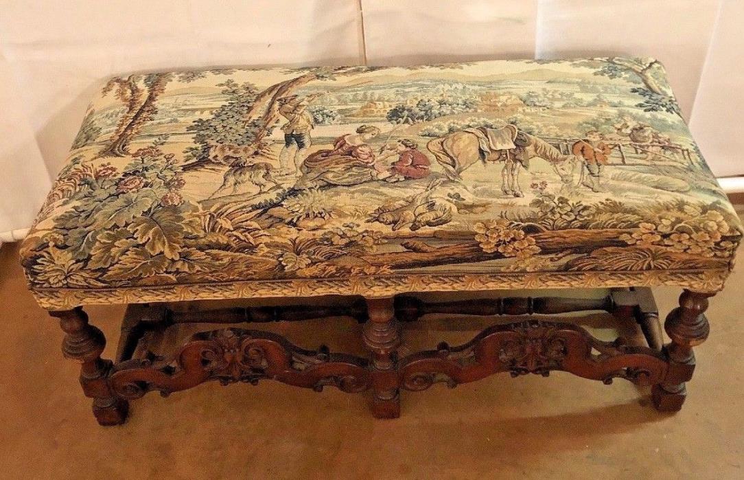 Antique French Hand Carved Bench With Antique Tapestry