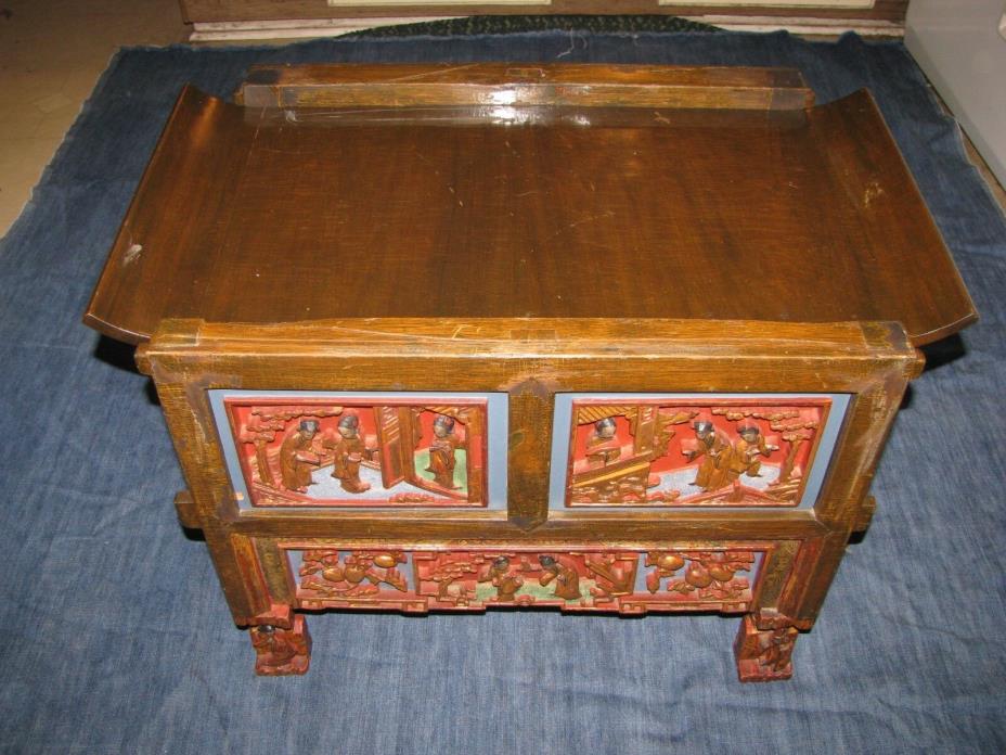 Antique Chinese Hand Carved Painted Gilded Deep Relief 6 Panel Stool Bench
