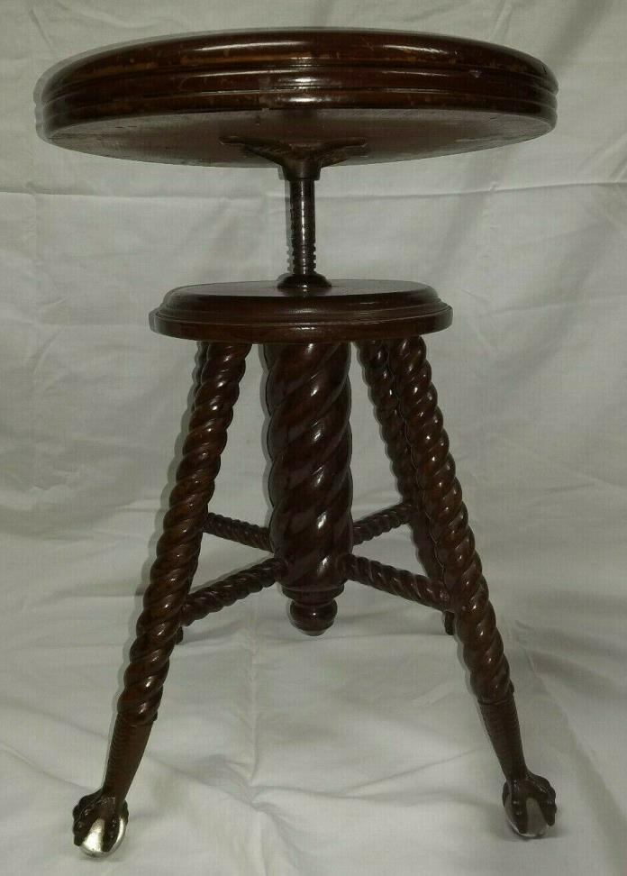 Antique Chas Parker Co Glass Ball & Claw Feet Piano/Organ Stool Rope Twist Style