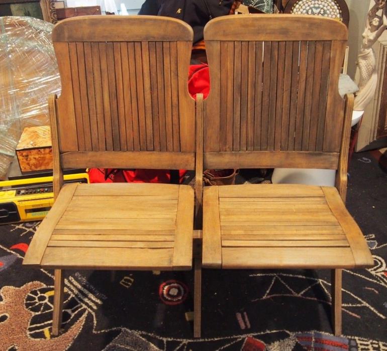 Double Antique Vintage Folding Wooden Chair Bench Church Theater Train Station