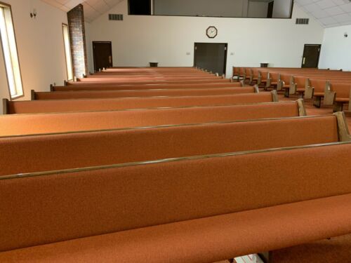 28 SOLID OAK WOOD CHURCH PEWS WITH PADS - 15FT 2” LONG EACH - OBO