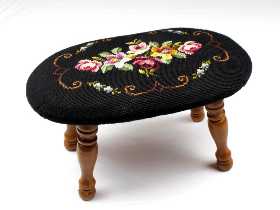 Vintage Petit Point Foot Stool Cricket Roses Black Turned Oval Flower Embroidery