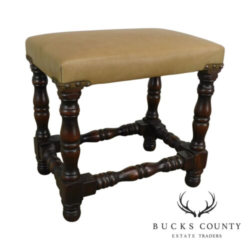 Jacobean Style Antique Oak Leather Seat Stool