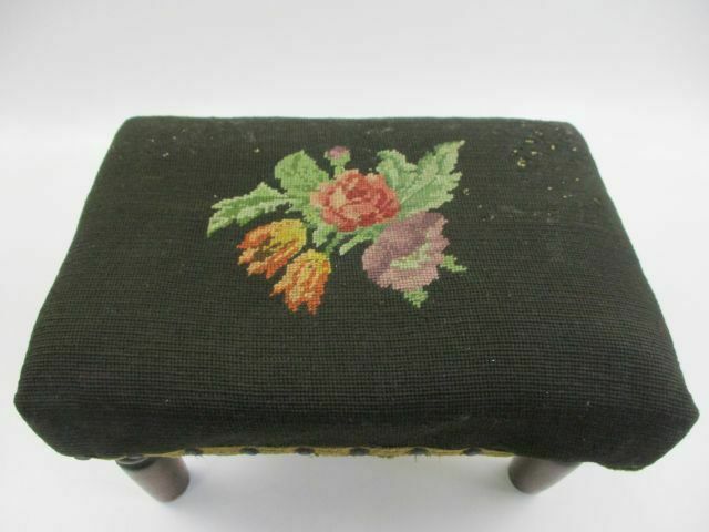 Antique Needlepoint Floral Foot Stool Bench Vintage Handmade