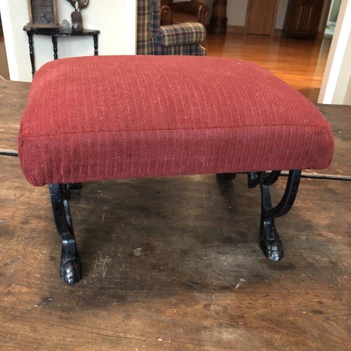 Vintage Red Upholstered FOOT STOOL Cast Iron Hammered Finish Claw Feet Footstool