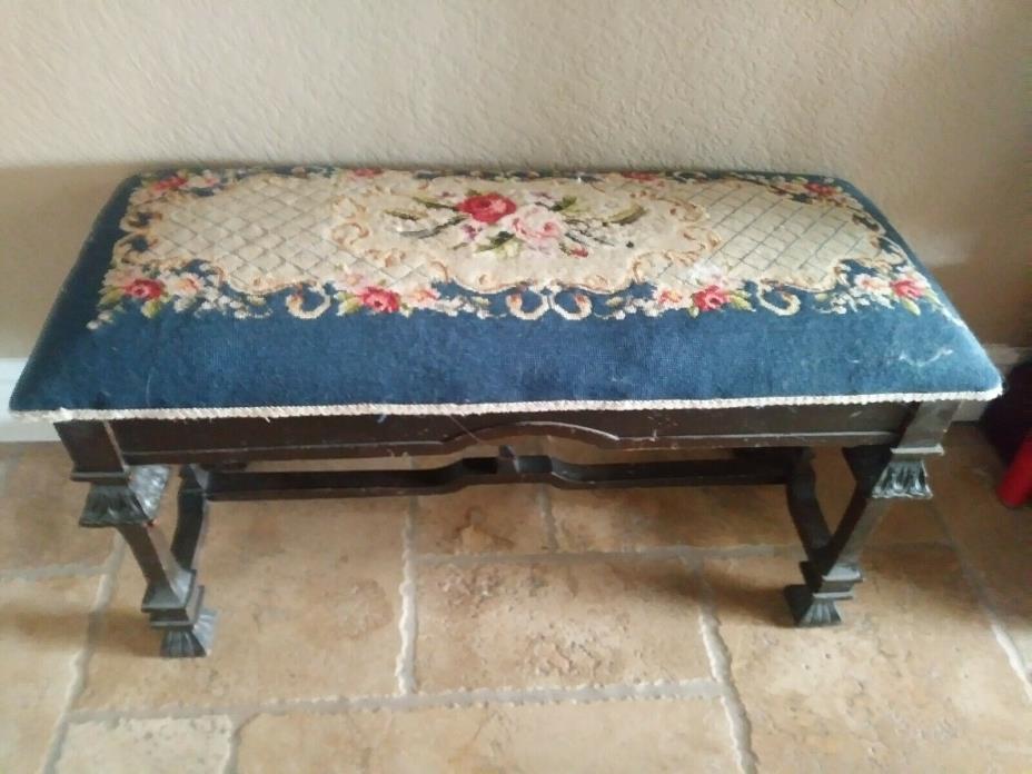 Antique Piano Bench With Needlepoint Seat