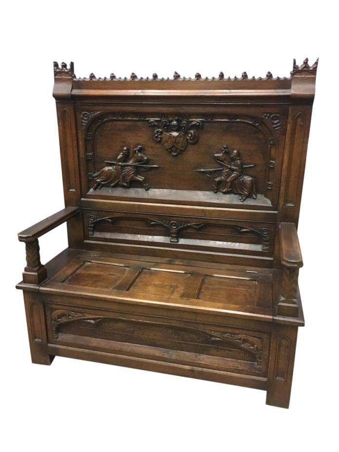 Antique French Gothic Bench, Carved Jousters, Oak, 1900's