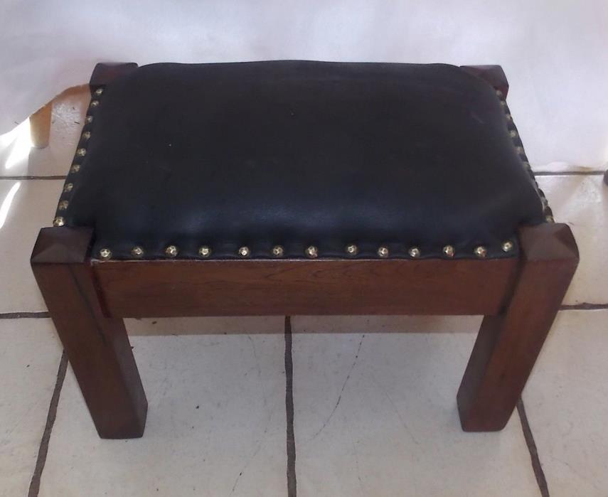 Walnut Mission Footstool / Stool with black leather  (BM)