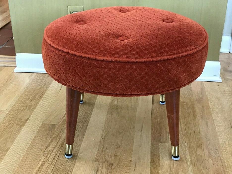 Vintage MCM Upholstered Ottoman Stool with Wooden Tapered Legs and Orange fabric