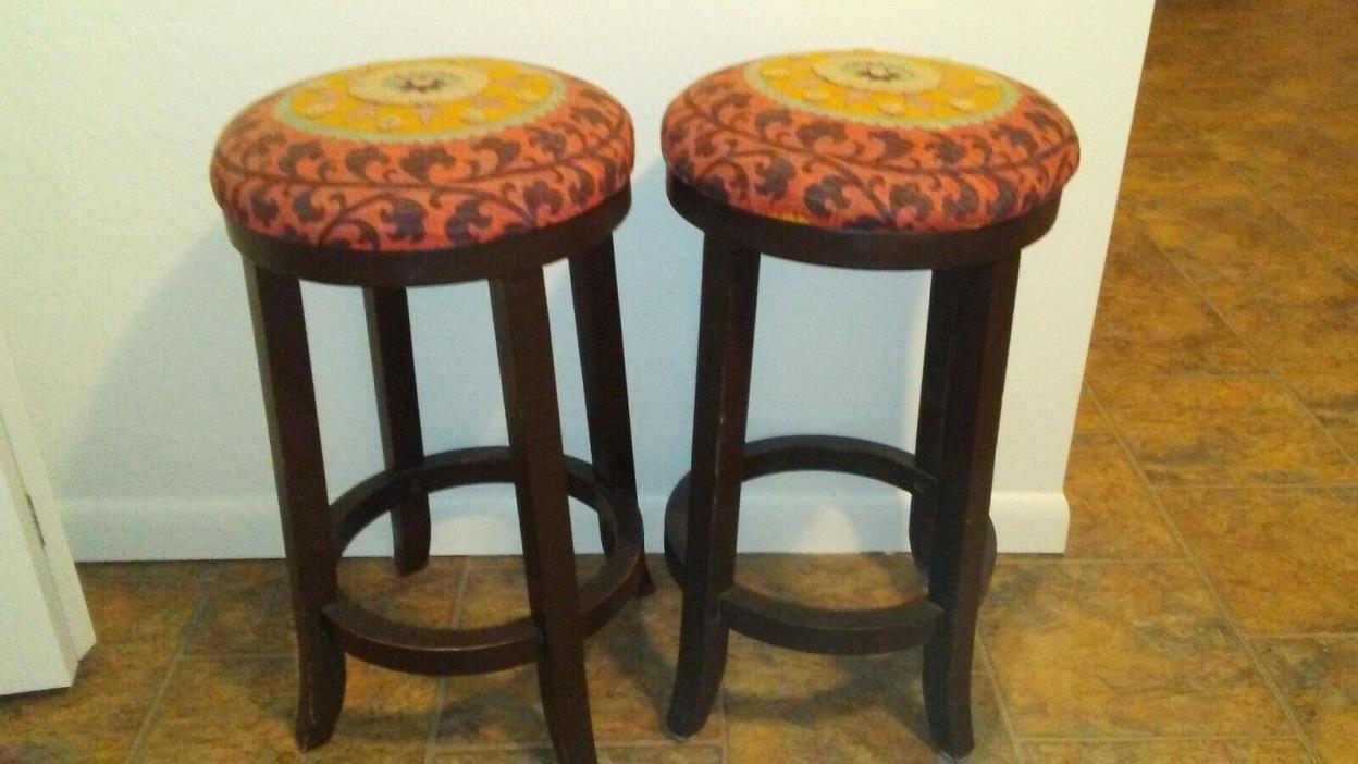 Cute Pair of Stools, round with orange and yellow, wooden legs
