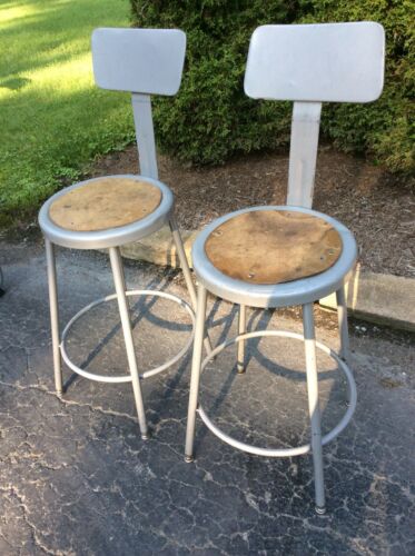 2 Same Vintage Industrial Adjustable Metal Stools W / Backs - Very Good