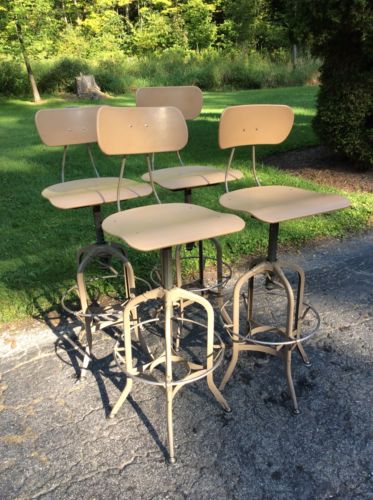 4 Same Vintage TOLEDO Industrial Drafting Stools - Adj 24” To 32” - Very Good