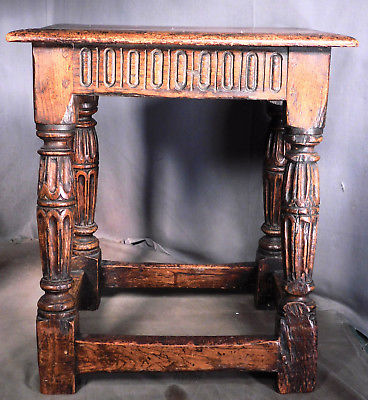 Period 17th-18th Century Jacobean English Oak Joint Stool Table CARVED 1700's