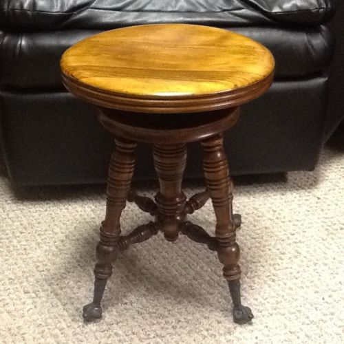 Vintage Swivel Wood PIANO STOOL Seat Bench Chair Glass Ball Claw Foot Antique