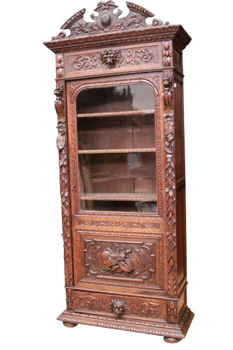 Attractive French Hunt Bookcase, Adjustable Shelves, Narrow, Oak, 19th Century