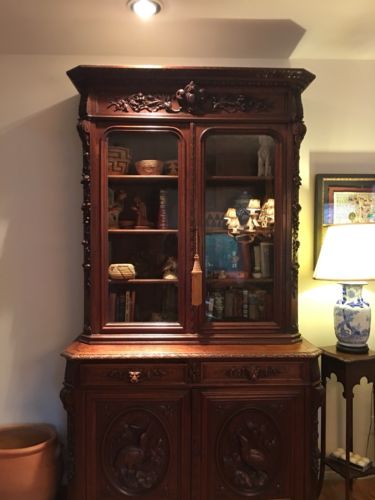 Antique Carved Dark Oak Black Forest China Cabinet Birds