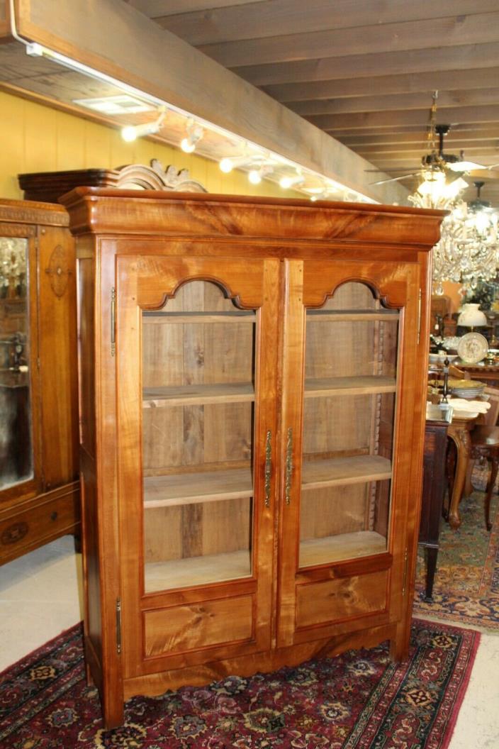 French Antique Light Pine Louis Philipe 2 Glass Door Bookcase / Display Cabinet