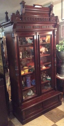 Antique Victorian Aesthetic Movement Burl Walnut Carved Bookcase