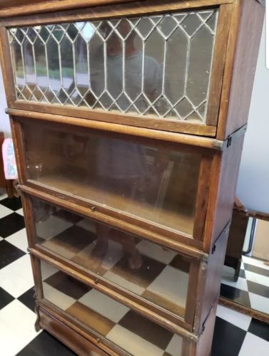 Antique Globe Wernicke Oak Barrister Bookcase w/Leaded Glass 4 stack
