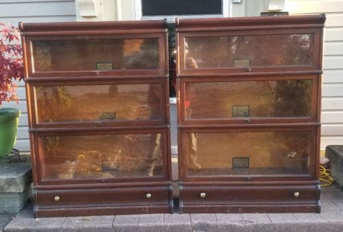 Antique Oak Bookcase Globe Wernicke 3 sectional with drawer in base Pair