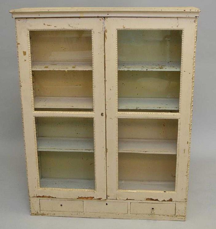 Antique French Hand Painted off white Wall or Standing Bookcase, Cabinet Kitchen