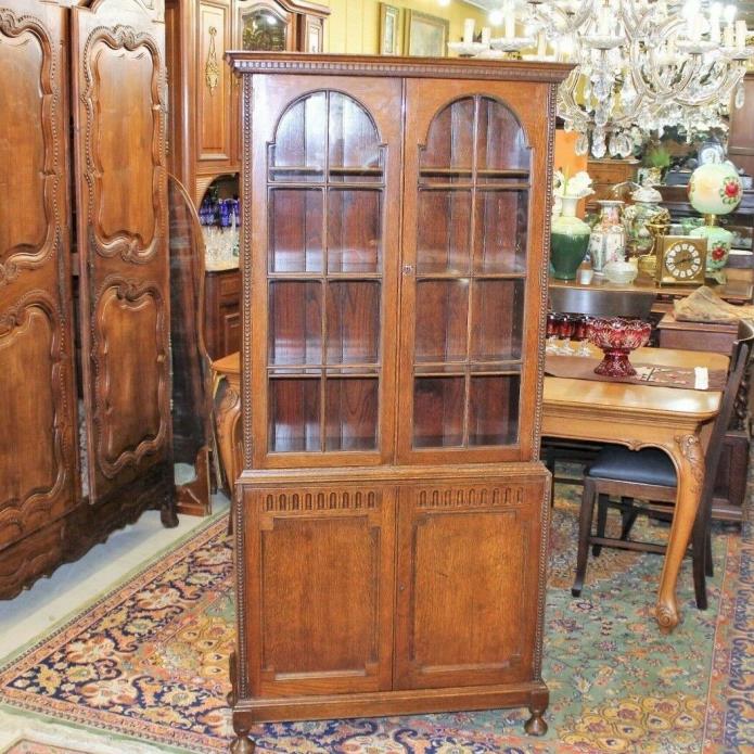 English Antique Oak Jacobean Glass Door Display Cabinet / Tall 6 Shelf Bookcase