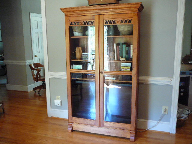 Antique Maple Tall Glass Door Bookcase TV China Display Cabinet, Cherry Stain
