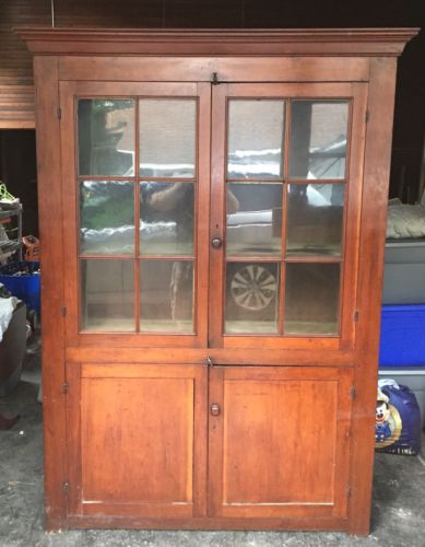 Large Early 19th Century Antique 12 Pane Cherry Cupboard Cherry Hutch 80”x58”x18