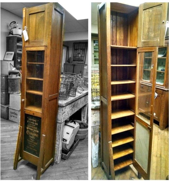 Antique Early Tall Cedarine Advertising Chimney Oak Cupboard Cabinet
