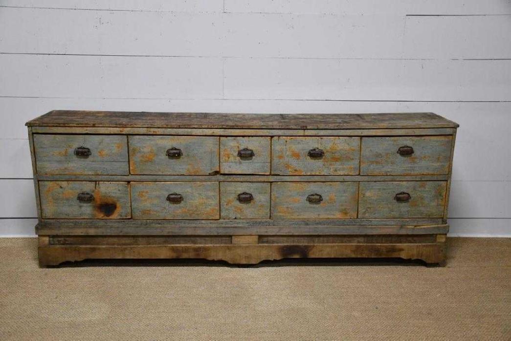 19th Century Antique Eight Foot French Multi Drawer Painted Apothecary Cabinet