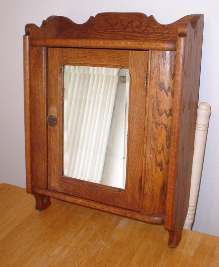 Antique 1880's-90's Oak Wall Mount Medicine Cabinet w/ Beveled Mirror & Shelves