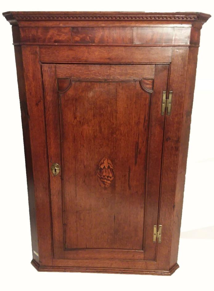 19th C. English Oak Hanging Corner Cabinet with Inlay Shell Motif Gorgeous