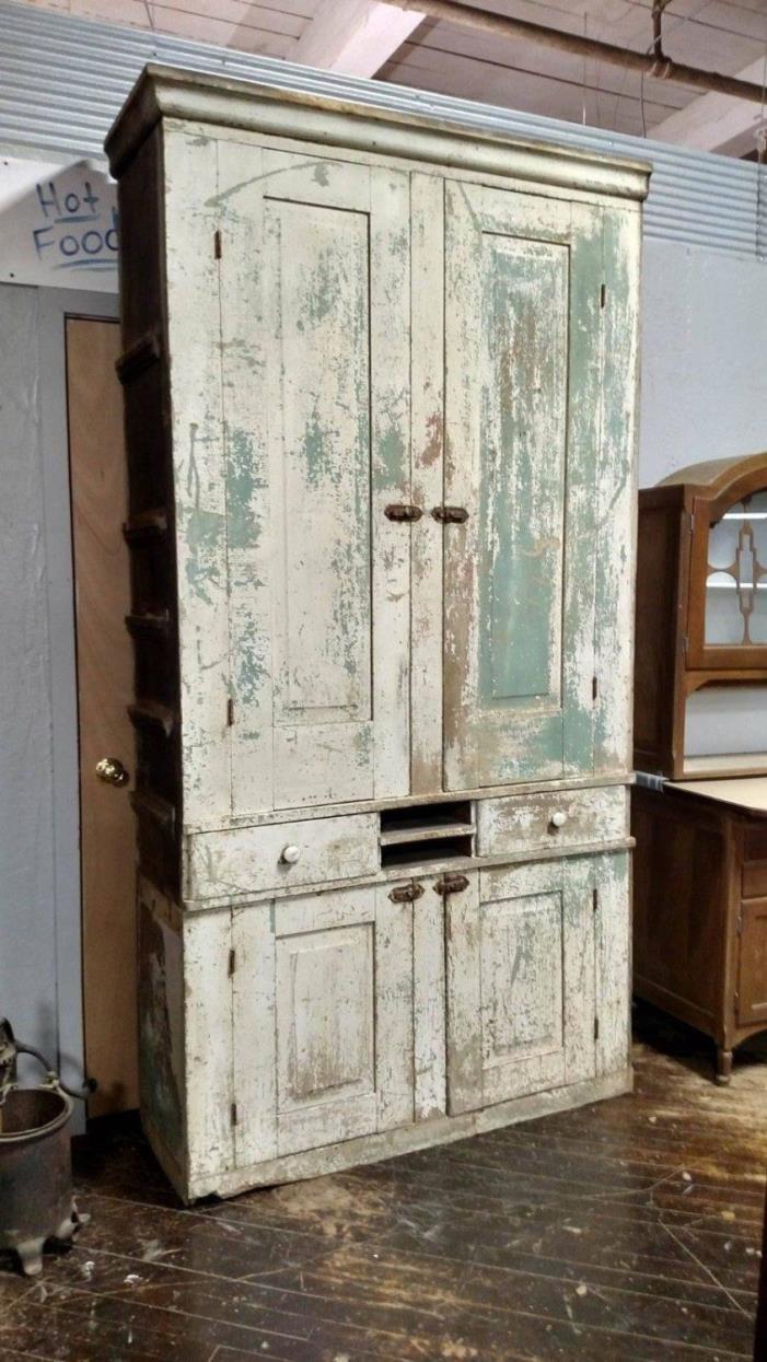 Farmhouse Antique Primitive Early Large Old Step back Cupboard Cabinet Paint